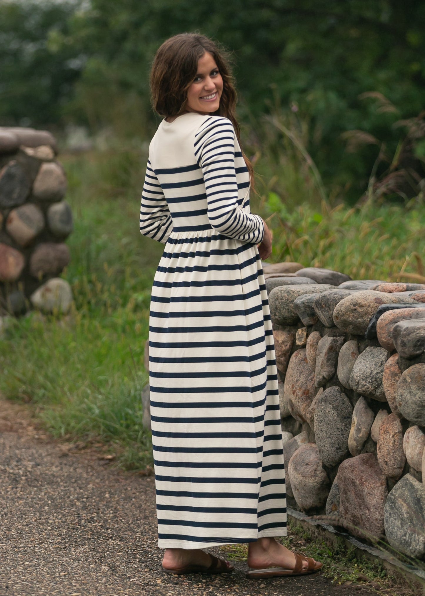 Vestido maxi de punto a rayas Celeste