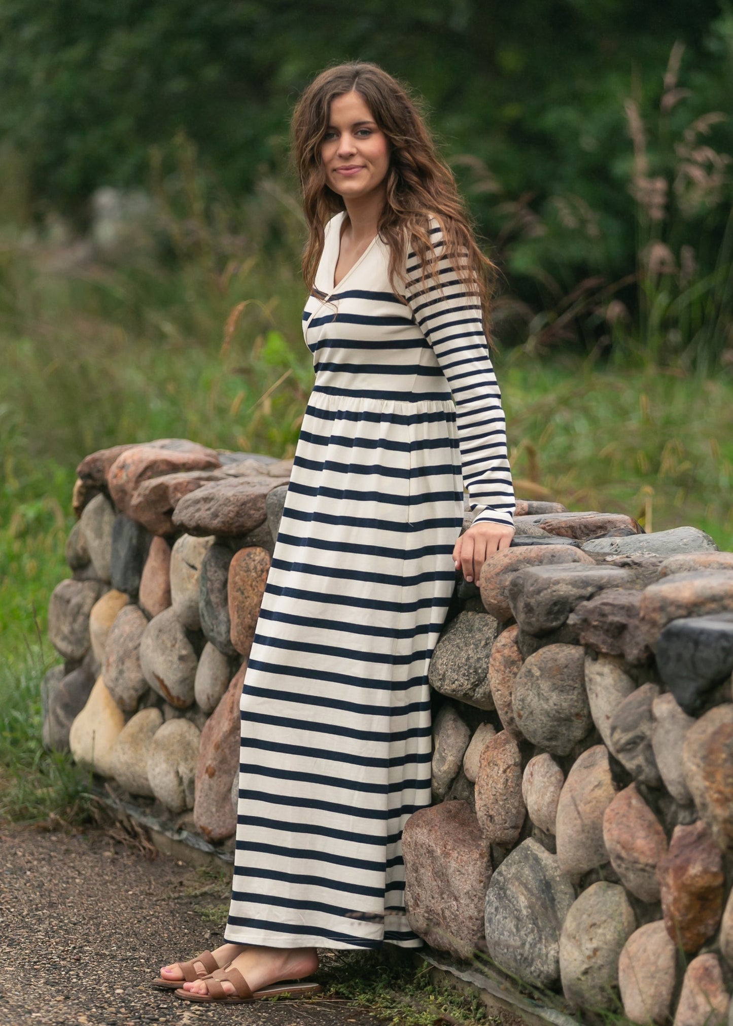 Vestido maxi de punto a rayas Celeste