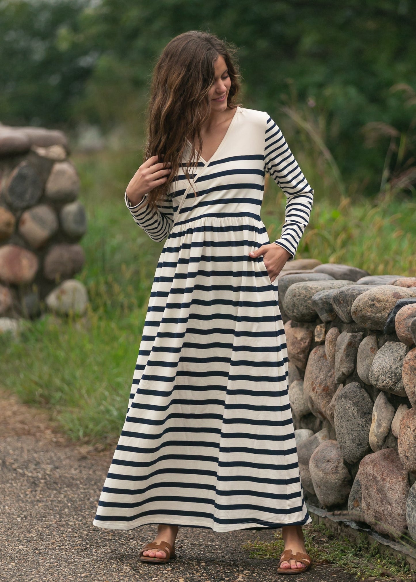 Vestido maxi de punto a rayas Celeste