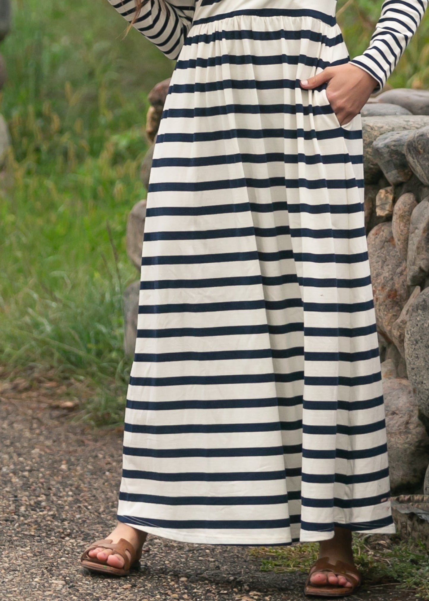Vestido maxi de punto a rayas Celeste