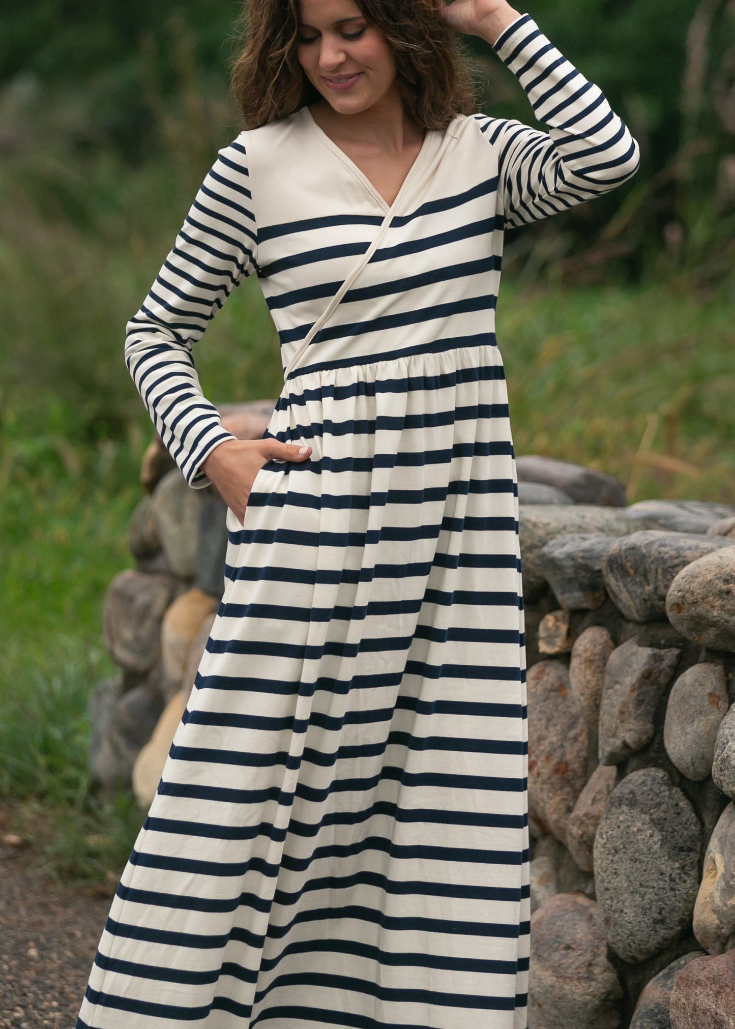 Vestido maxi de punto a rayas Celeste