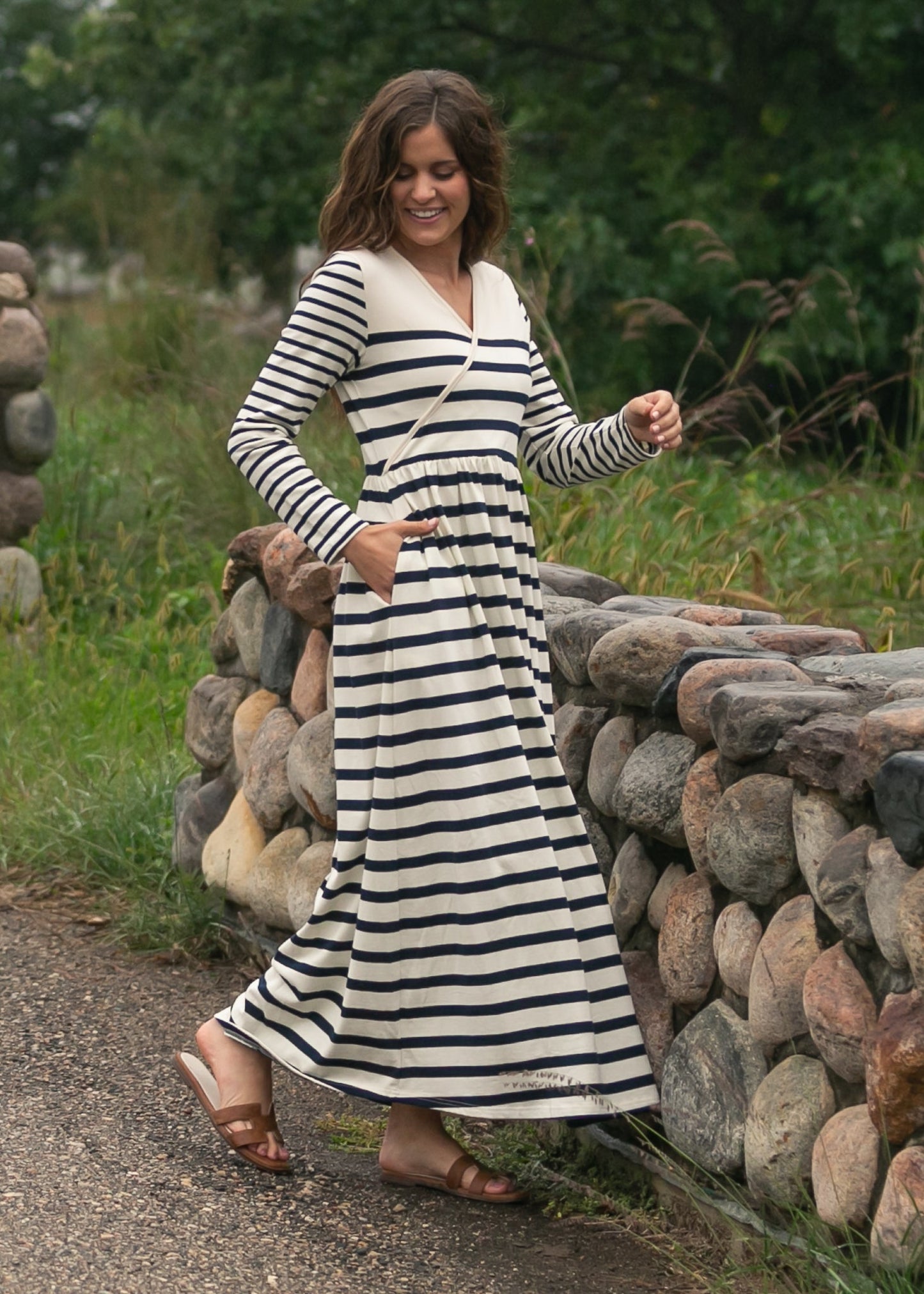 Vestido maxi de punto a rayas Celeste