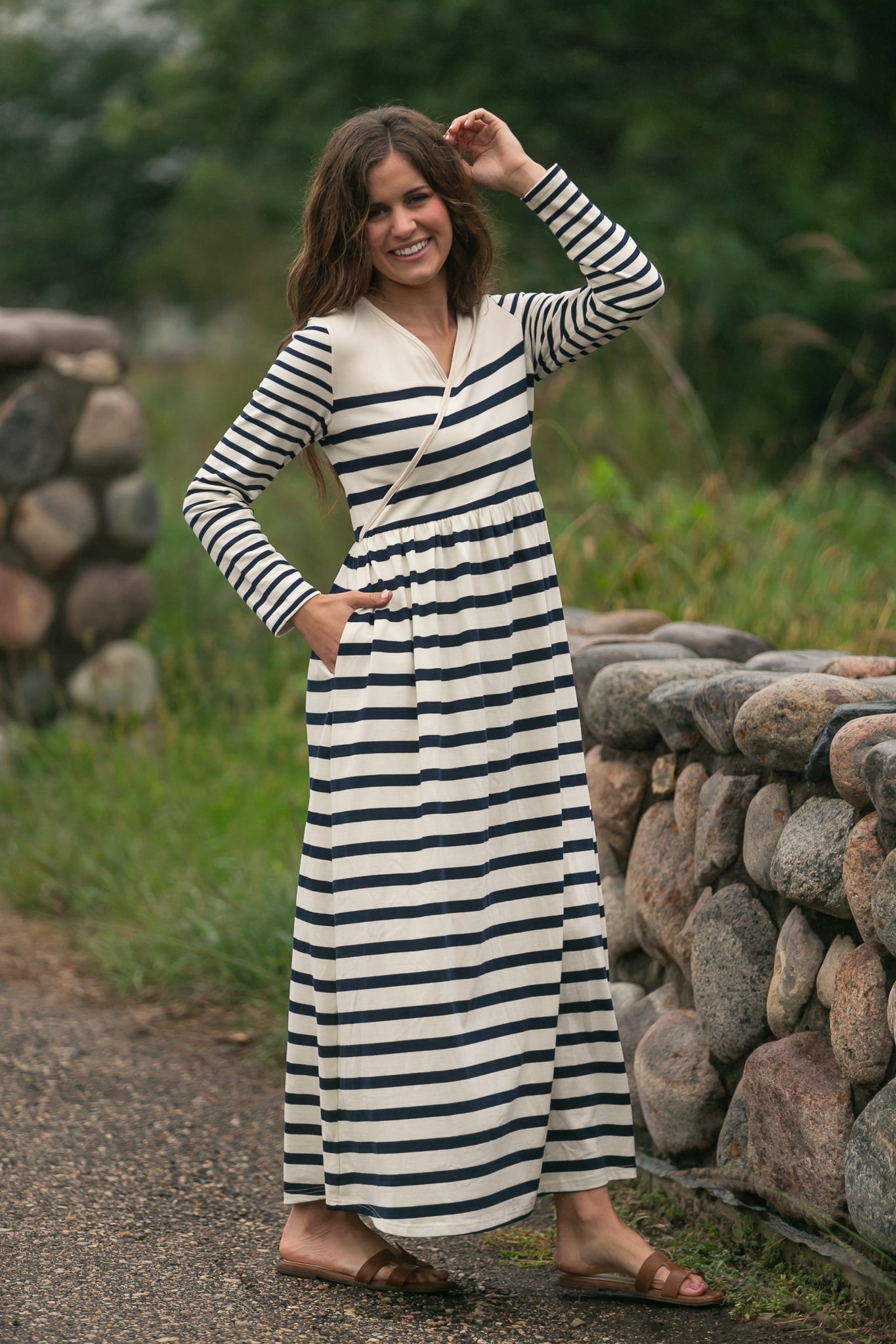 Vestido maxi de punto a rayas Celeste