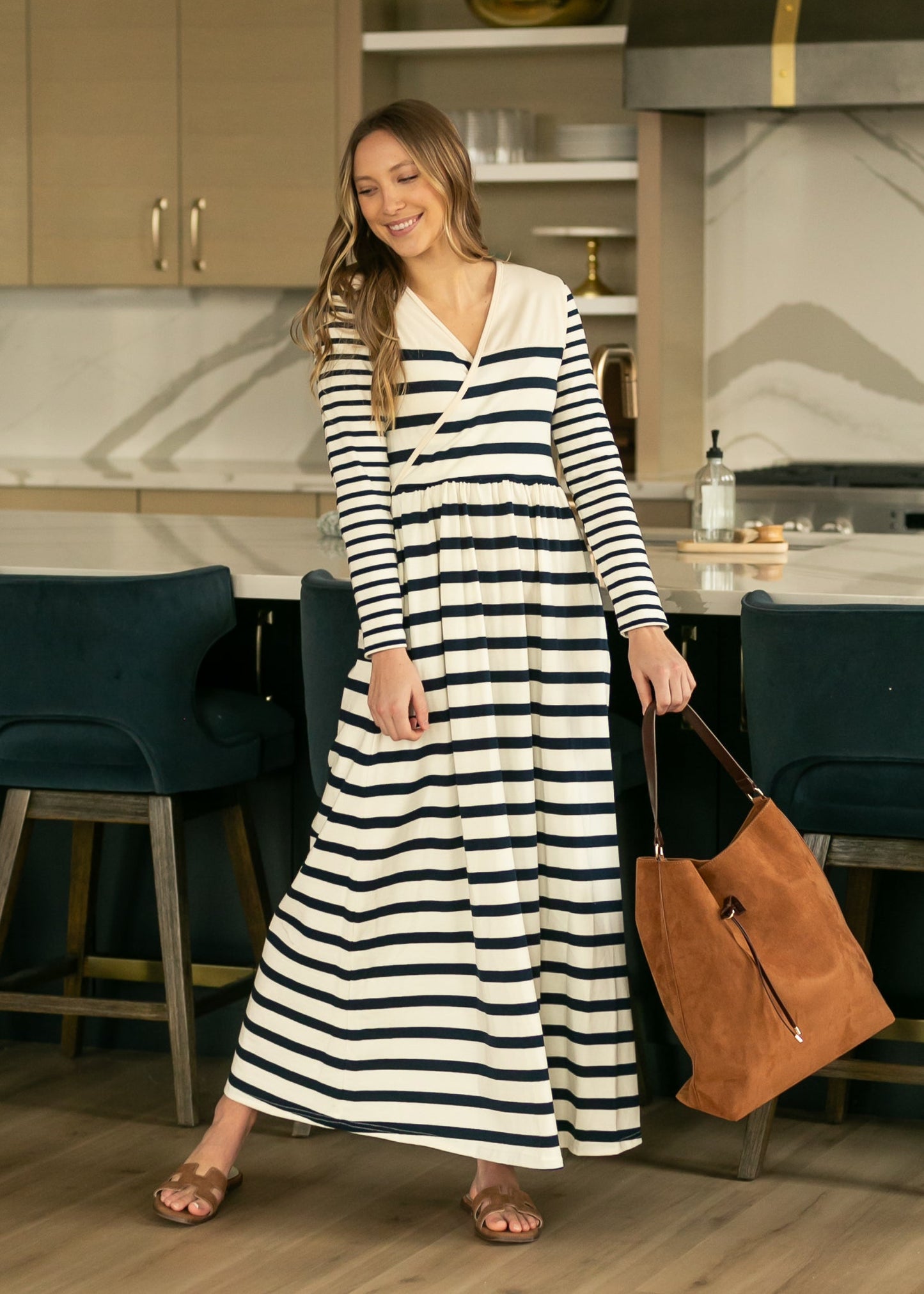 Vestido maxi de punto a rayas Celeste