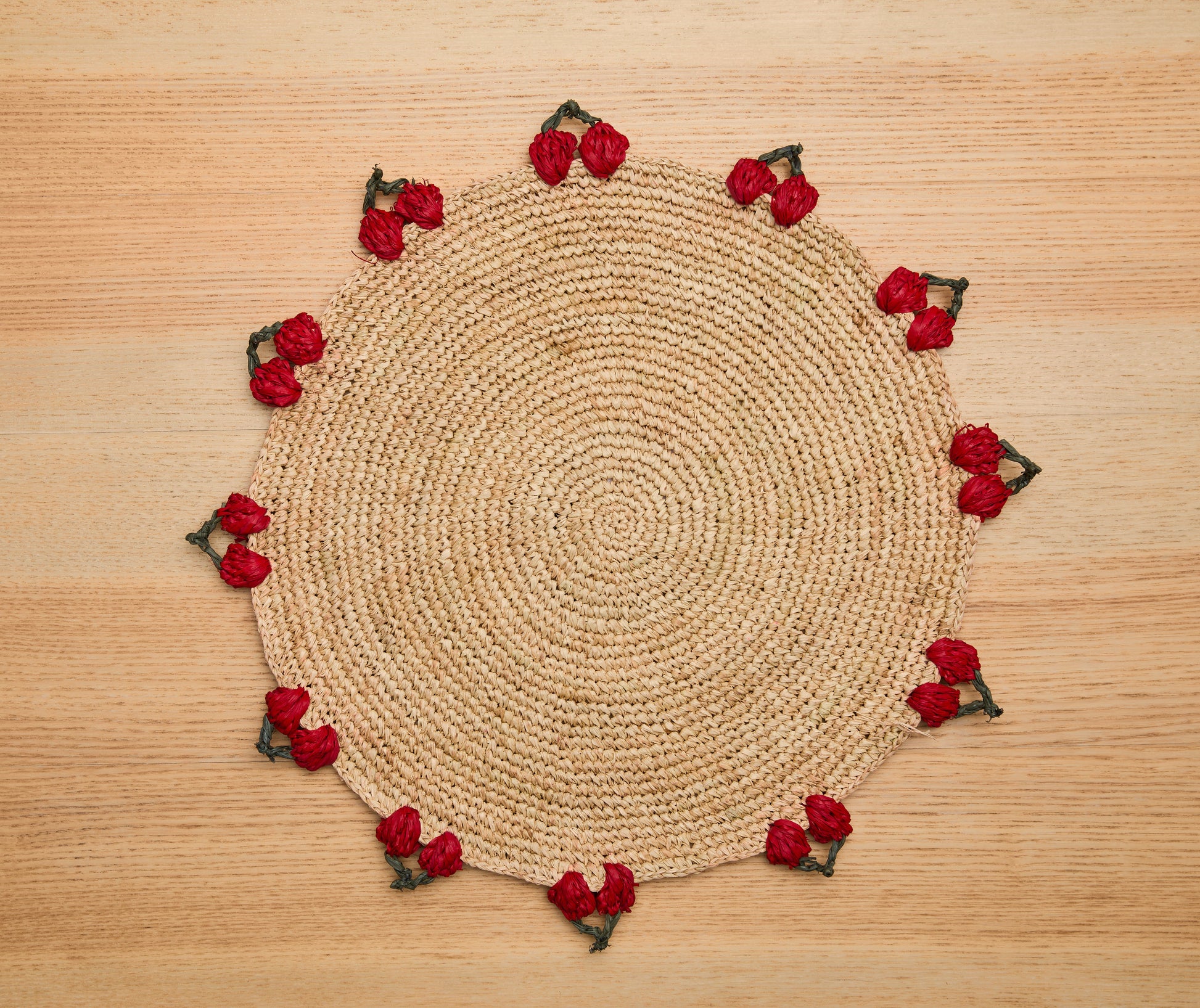 Women's ["gid://shopify/Metaobject/97254998296"] Cherry Scalloped Edge Placemat – 14” Hand-Crocheted Raffia – Artisan S