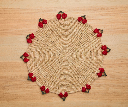 Women's ["gid://shopify/Metaobject/97254998296"] Cherry Scalloped Edge Placemat – 14” Hand-Crocheted Raffia – Artisan S