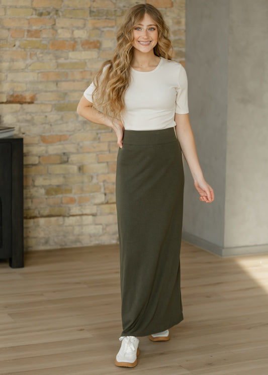 Falda maxi Clarise Olive de punto premium