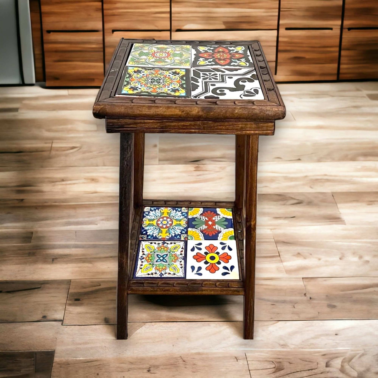 Mesa auxiliar mexicana personalizable | Mesa auxiliar de madera con azulejos de Talavera
