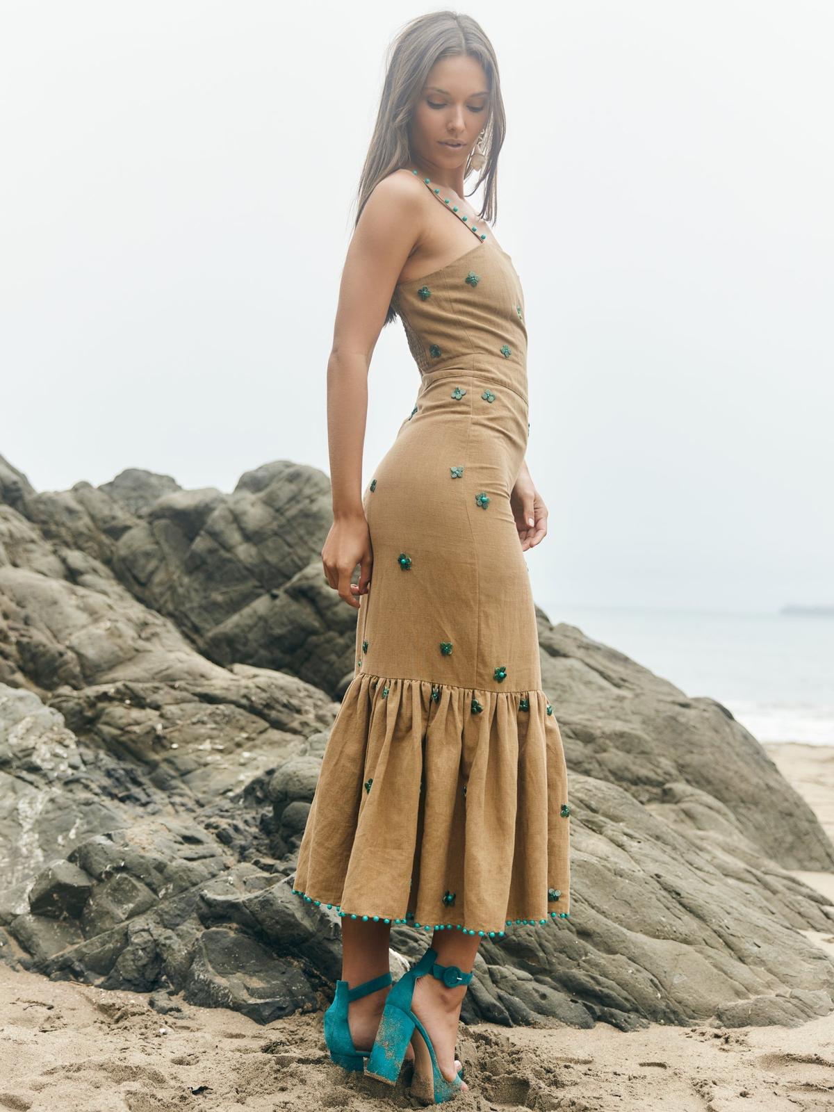 Desirae Midi Dress - Light Fawn & Emeralds - FINAL SALE