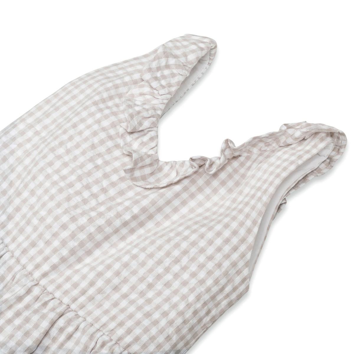 Ruffle Neck Organic Jumpsuit - Taupe Gingham Seersucker
