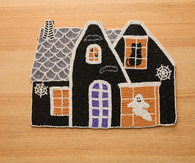 Mantel individual con cuentas de casa embrujada, reverso de terciopelo, hecho a mano, decoración de mesa de Halloween, tapete fantasma de gato negro espeluznante, centro de mesa festivo
