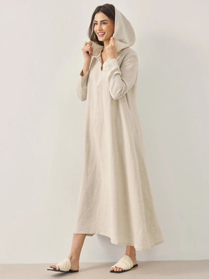 100% Linen Hooded Pullover Maxi Dress REBECCA