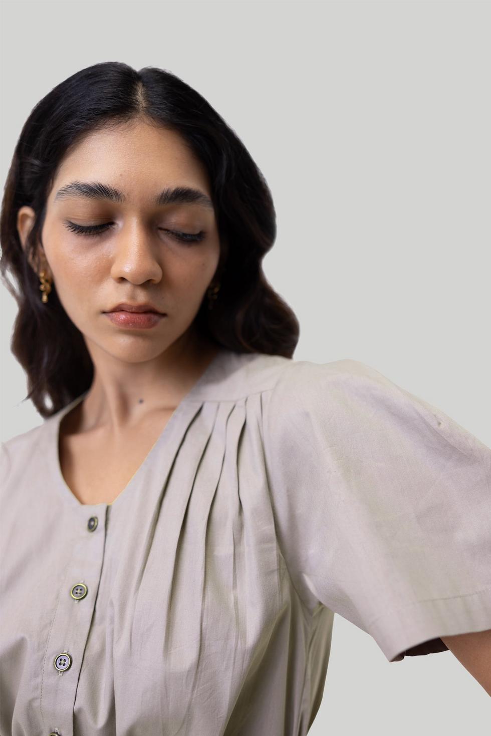 Pleated Tent Dress - Poplin Ecru