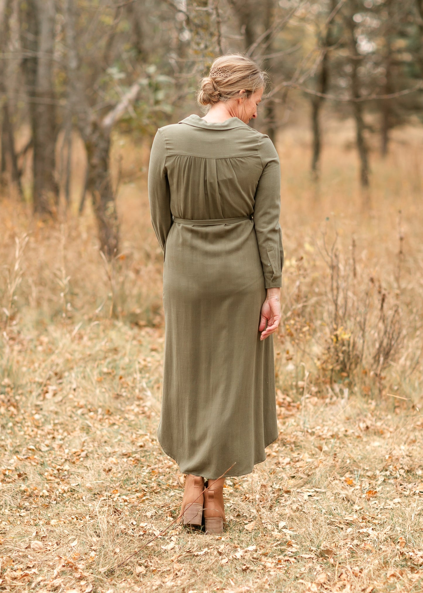 Vestido camisa de lino de manga larga Essential Olive - VENTA FINAL
