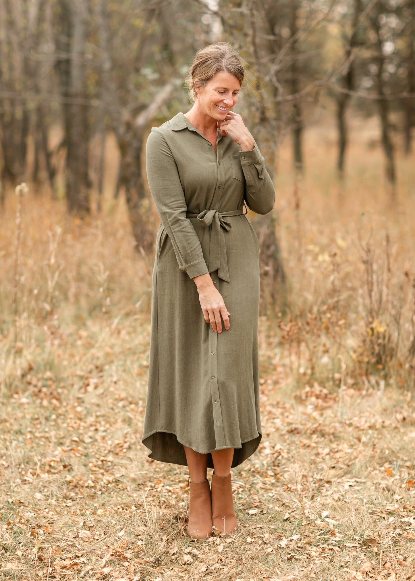 Vestido camisa de lino de manga larga Essential Olive - VENTA FINAL