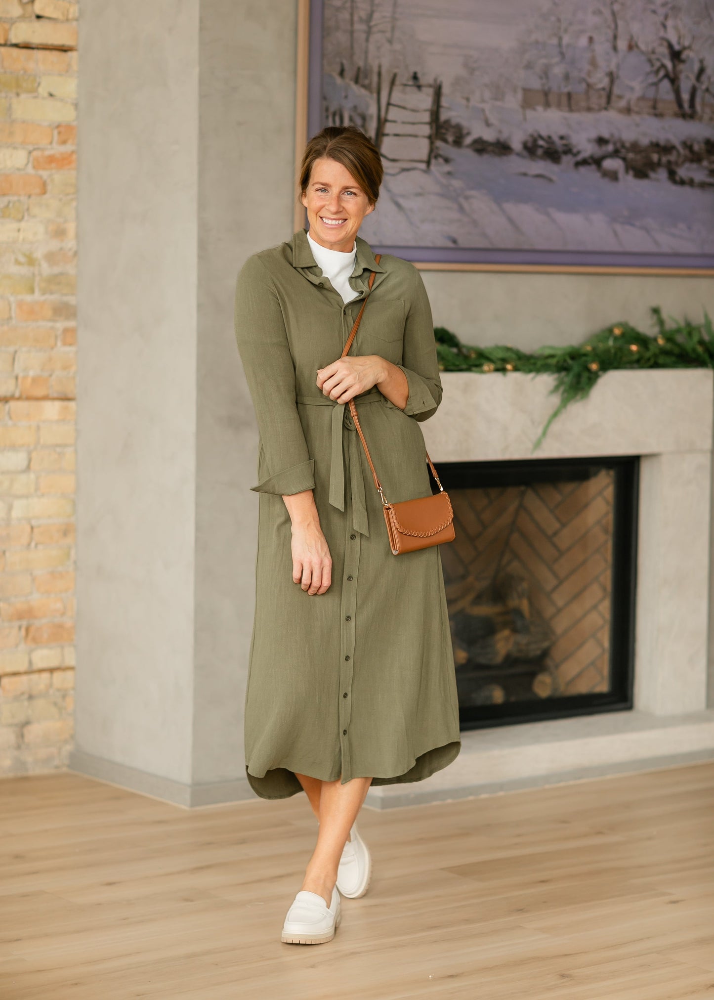 Vestido camisa de lino de manga larga Essential Olive - VENTA FINAL
