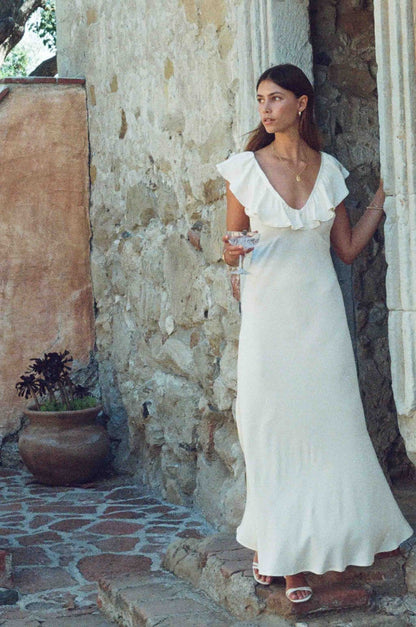 Vestido Florence - Vestido de seda color marfil con ribete de encaje en el escote