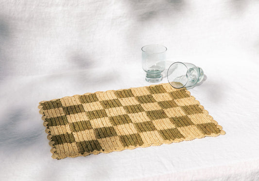 Mantel individual de cuadros verdes, tablero rectangular de rafia