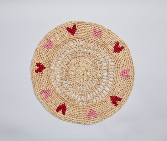 Women's ["gid://shopify/Metaobject/97254998296"] Handwoven Heart Raffia Placemat – Artisan Table Décor with Red & Pink 