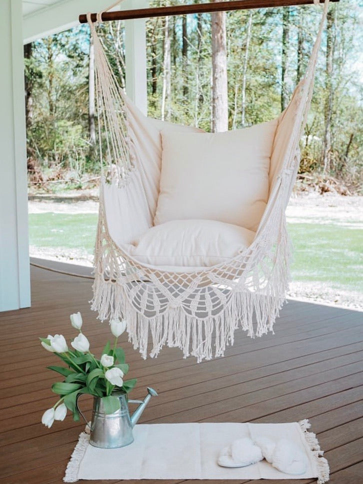 Silla hamaca colgante de ganchillo estilo boho blanco | NINA