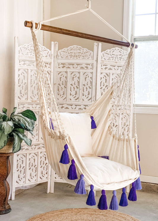 Silla hamaca colgante estilo boho morado con borlas | LILY