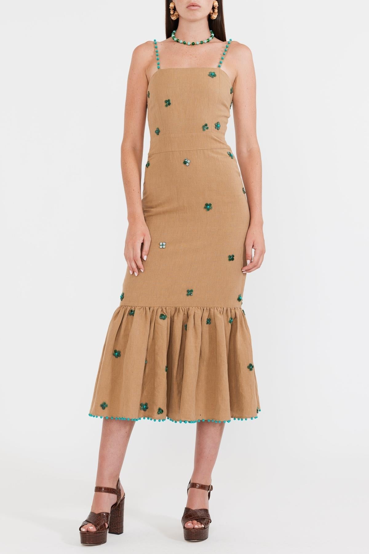 Desirae Midi Dress - Light Fawn & Emeralds - FINAL SALE