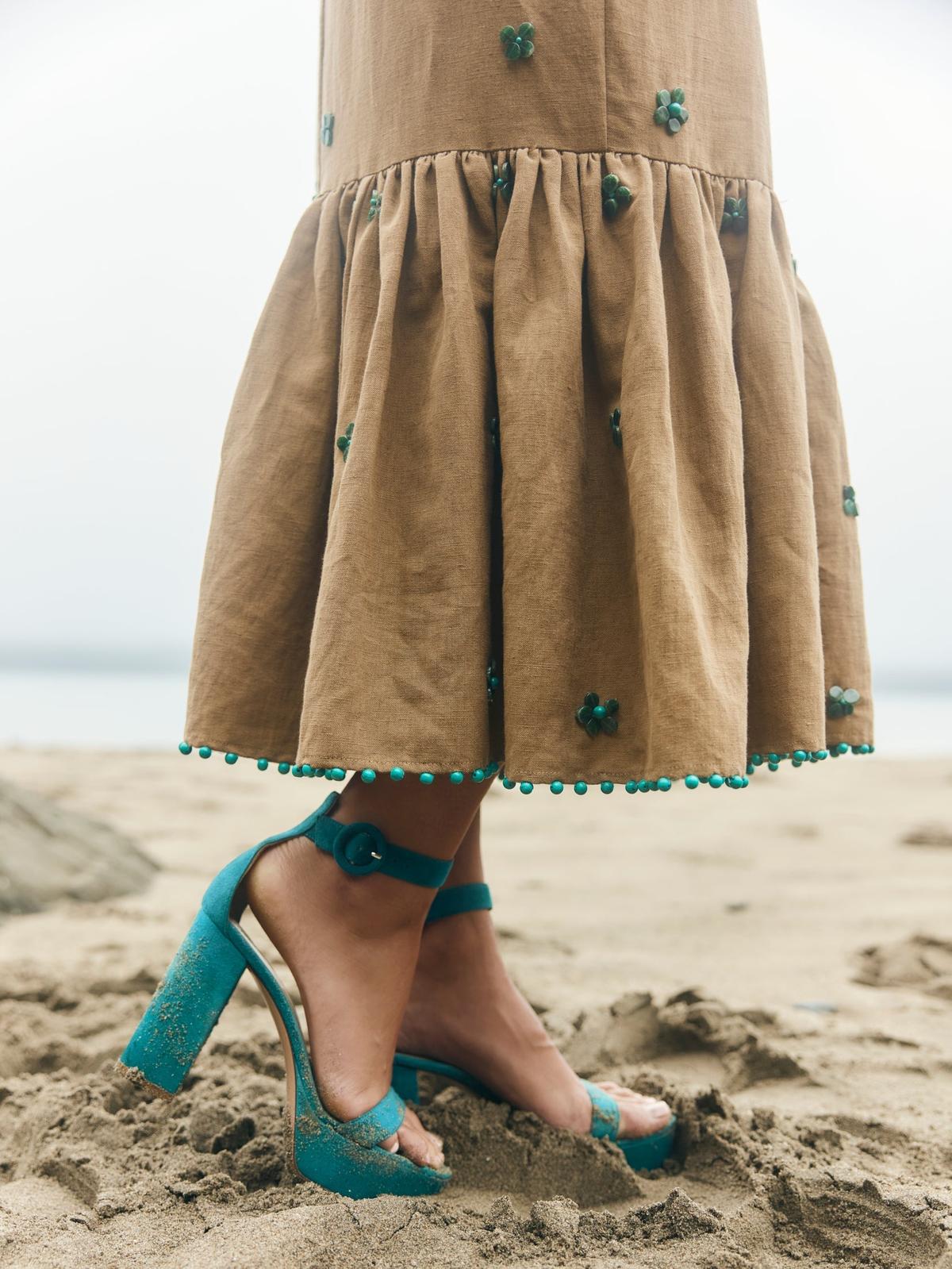 Desirae Midi Dress - Light Fawn & Emeralds - FINAL SALE