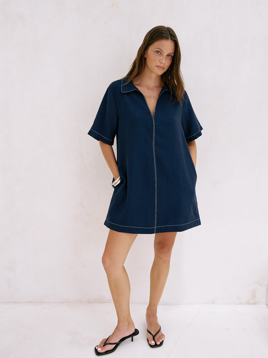 Mae Popover Mini Dress - Navy