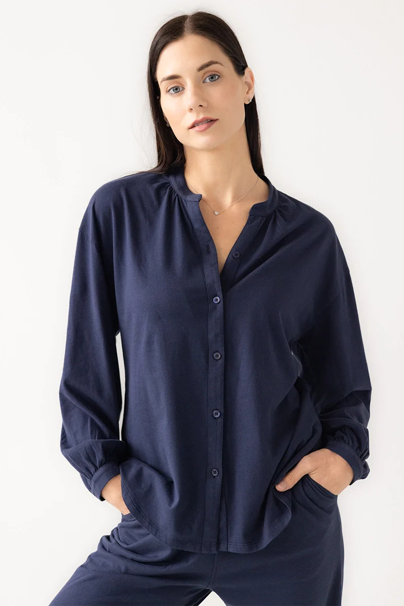 Pijama de algodón pima suave con cuello mandarín