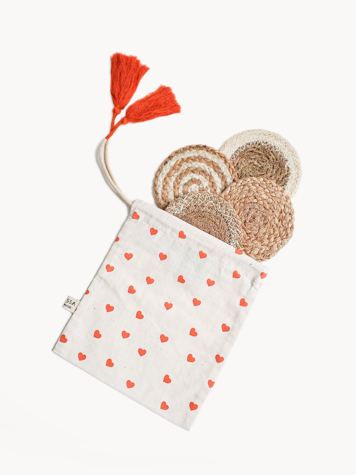 Set de regalo de posavasos natural con bolsa de corazón