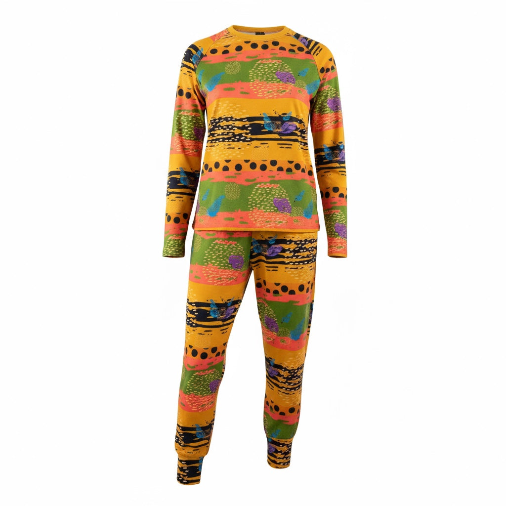 Conjunto deportivo abstracto naranja Raomio: ropa de estar por casa sostenible de dos piezas con estampado naranja