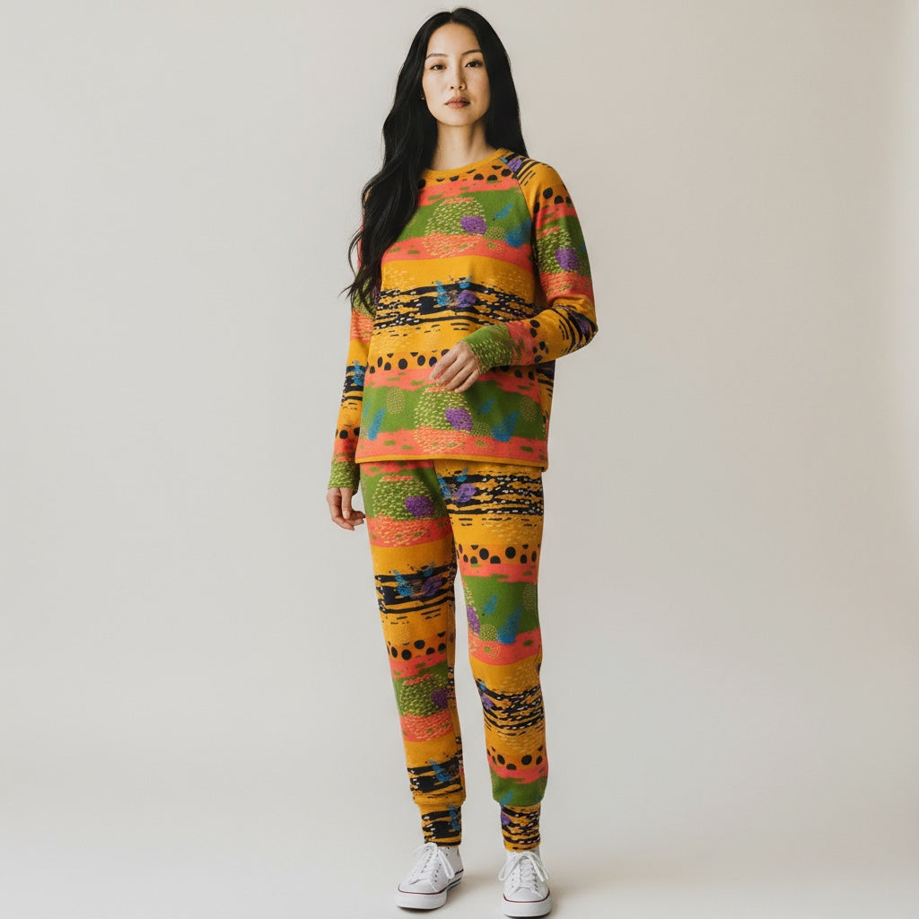 Conjunto deportivo abstracto naranja Raomio: ropa de estar por casa sostenible de dos piezas con estampado naranja