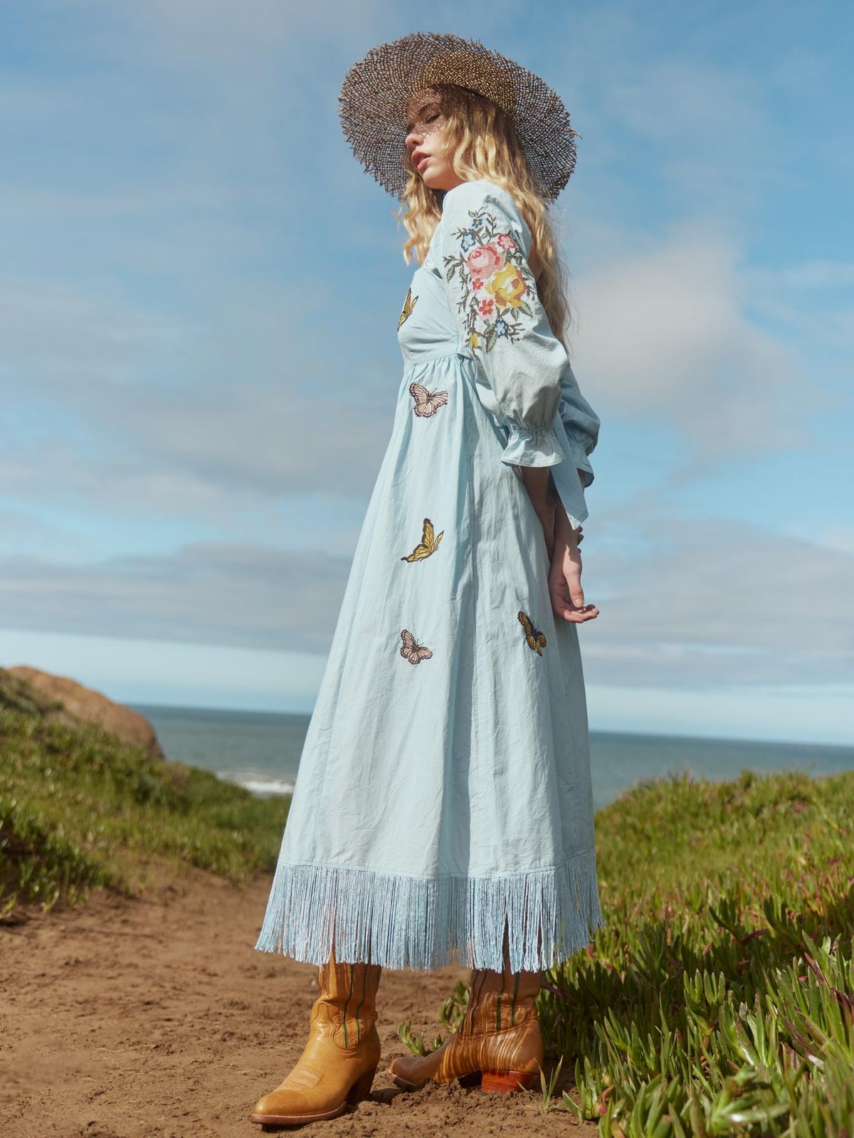 Jocelyn Puff Sleeve Fringe Dress - Light Prussian Blue/Multicolor Butterfly Embroidery - FINAL SALE