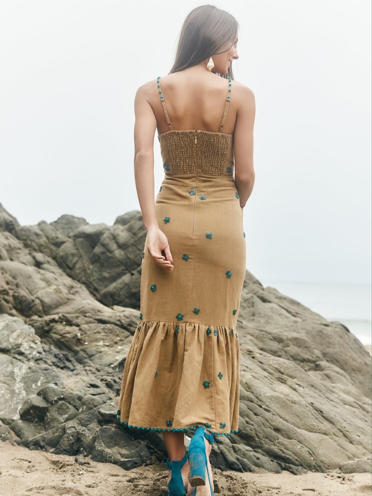 Desirae Midi Dress - Light Fawn & Emeralds - FINAL SALE