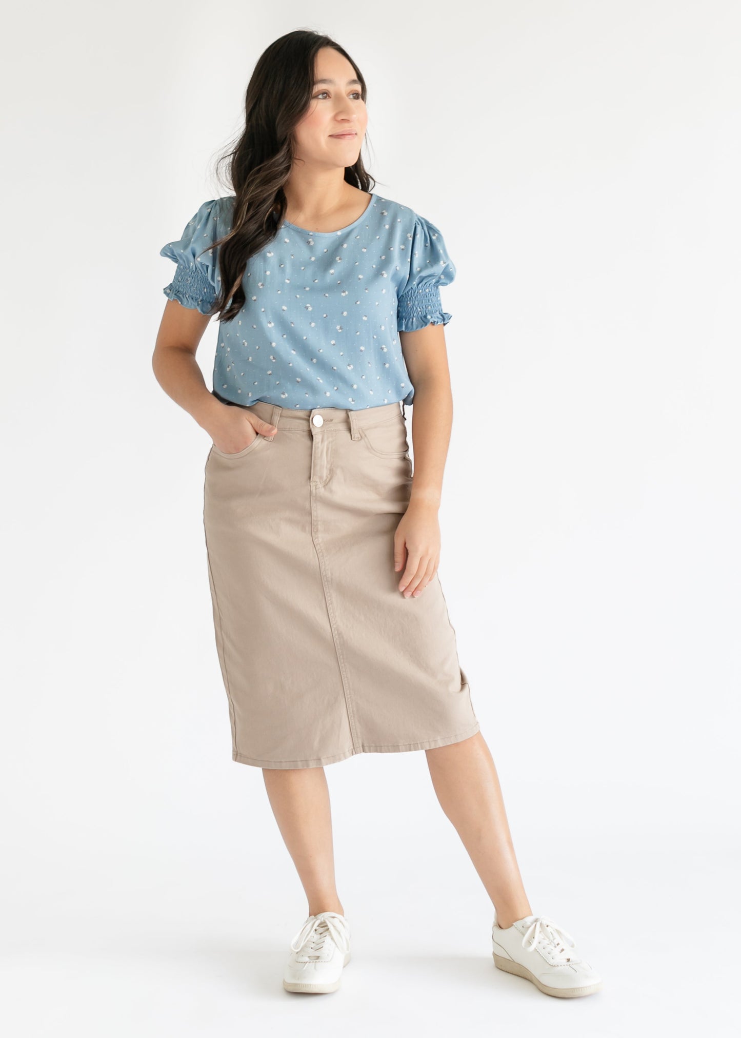 Falda midi de mezclilla Remi Simply color topo