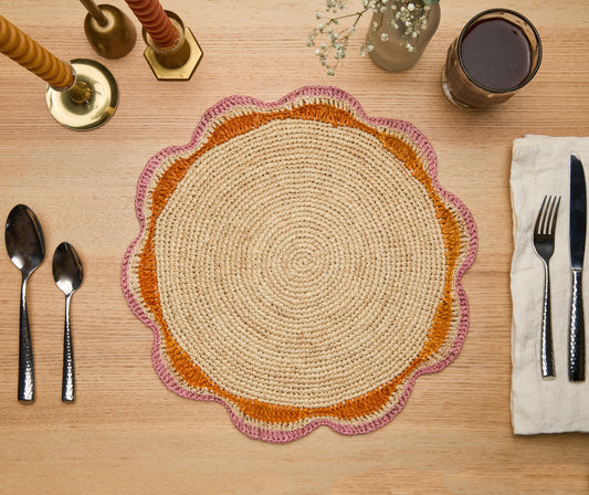 Women's ["gid://shopify/Metaobject/97254998296"] Round Pink Raffia Placemat – 14” Handwoven Crochet – Garden Party & Su