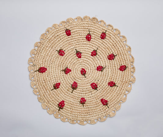 Women's ["gid://shopify/Metaobject/97254998296"] Scattered Strawberry Hand-Crocheted Raffia Palm Round Placemat - Payto