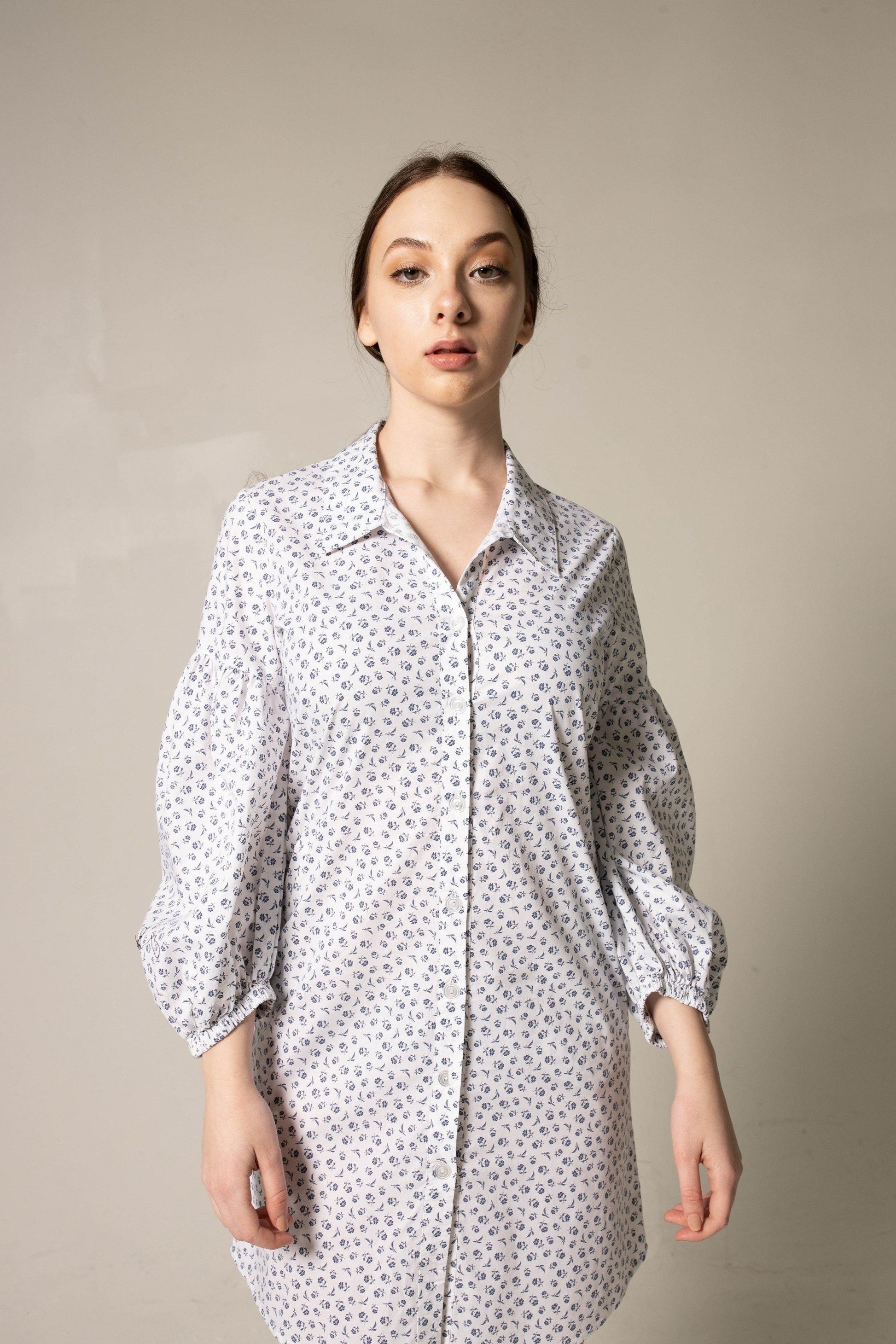 luxury shirt dresses Le Réussi Shirt Dress with Oversized Sleeves in White Floral