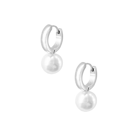 CASEY SILVER PEARL HUGGIE EARRINGS