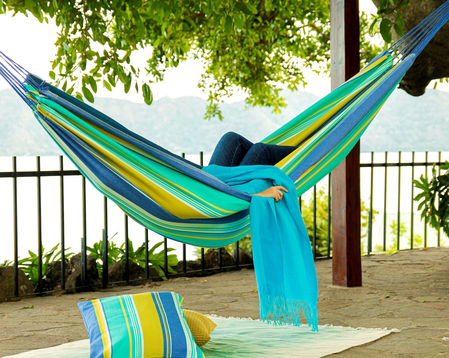 Cotton Striped Blue Green Canvas Hammock