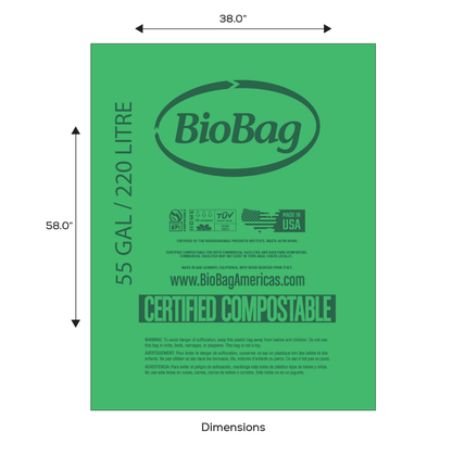 BioBag 55 Gallon Compostable Bags 38x58 Green (QTY 80), BPI Certified, SKU 55G3858