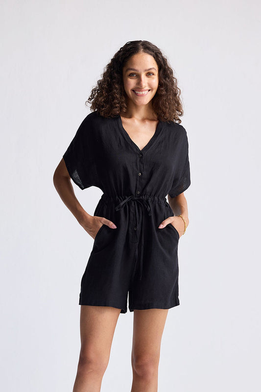 Mono negro con cuello en V y cordón ajustable