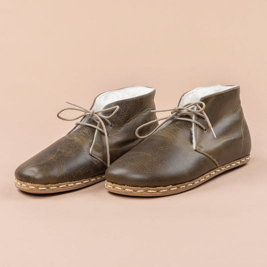 Botas Oxford descalzas verdes para mujer con piel